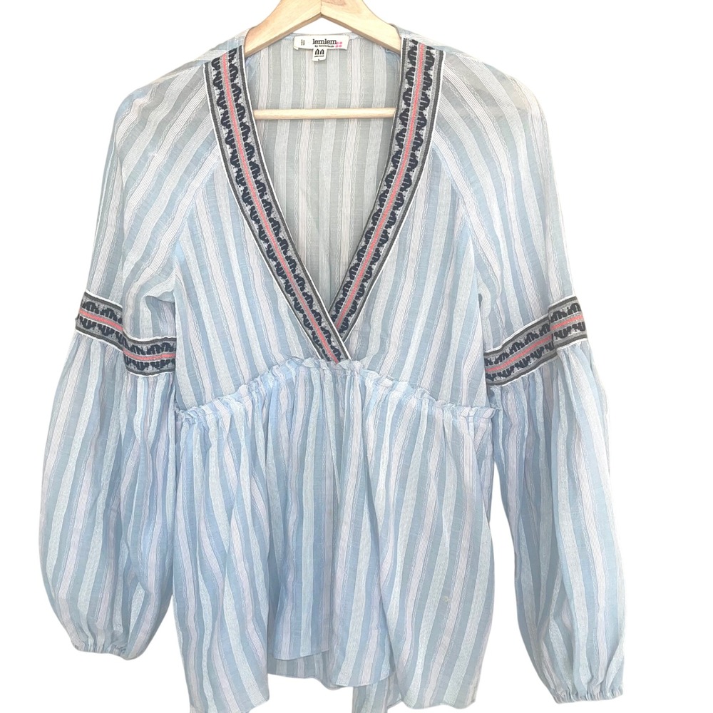 Lemlem Cotton Blue Striped  Vneck Tunic Top XS Embroidered Placket Semi Sheer